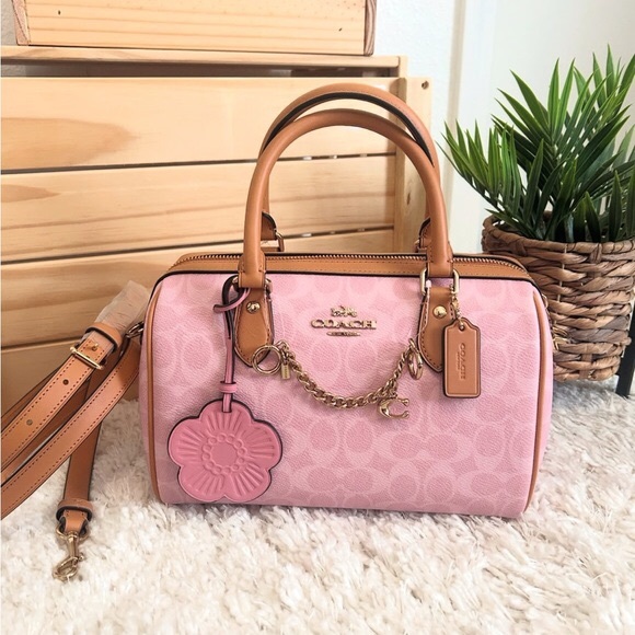 NWT🌸Coach Medium Rowan Satchel Bag In Signature Canvas With Charms Powder Pink - Picture 2 of 7